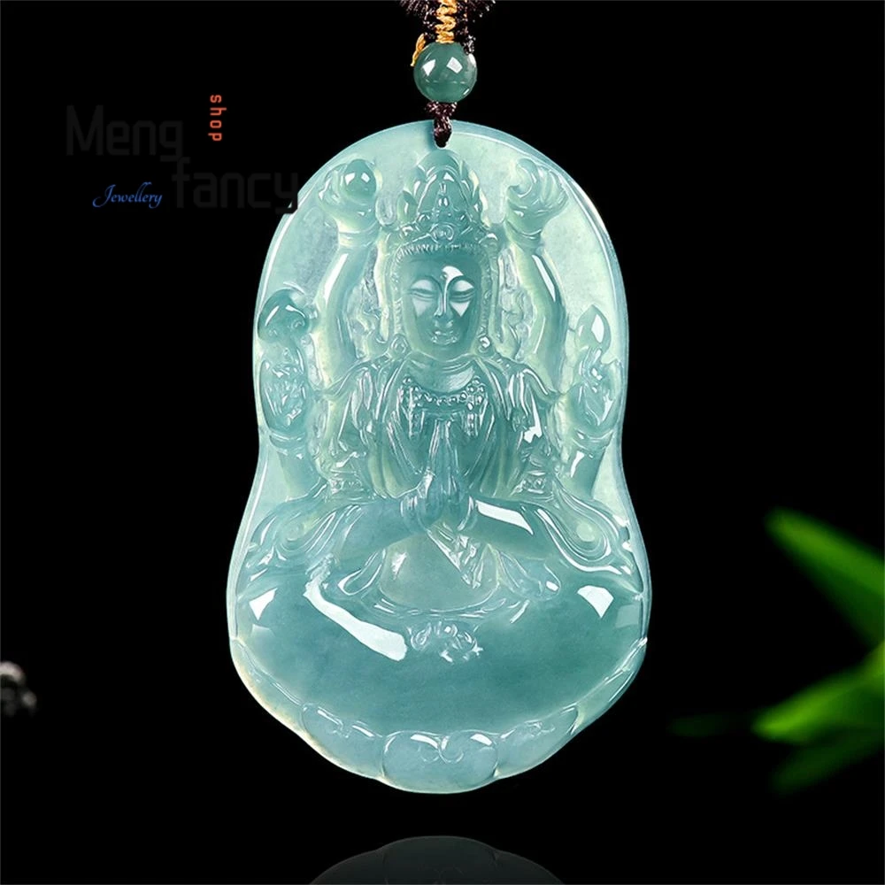 

Natural A-grade Jadeite Blue Water Thousand-handed Guanyin Pendant Ice Type Jade High-grade Fashion Jewelry Luxury Holiday Gift
