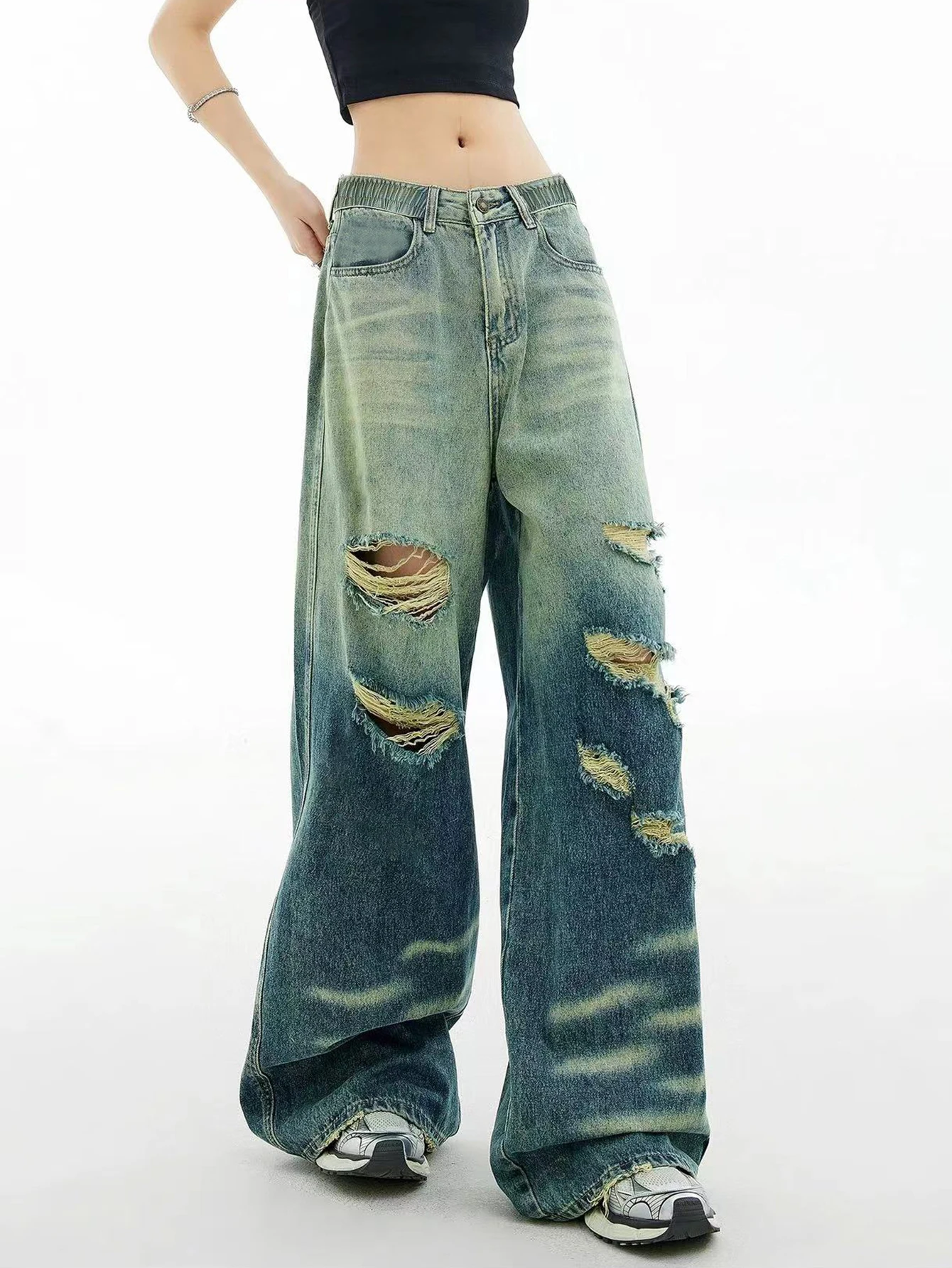 

Girls' Stylish Washed Gradient Vintage Ripped Wide Leg Straight Leg Jeans - Loose Casual Long Denim Pants