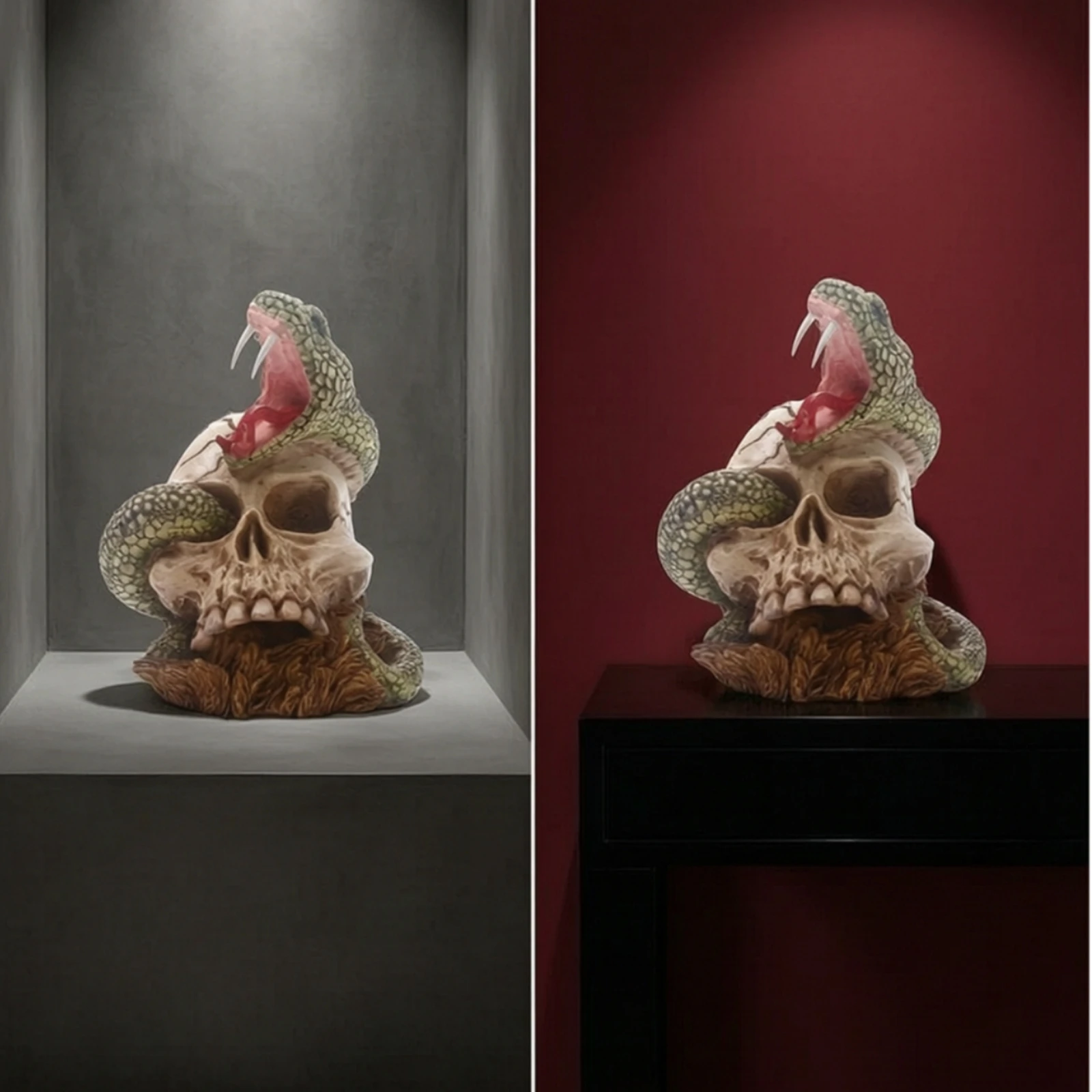 Serpent Skull Sculpture Decorative Skull Sculpture Snake Statue Spooky Compact for Collectors, Halloween Decor
