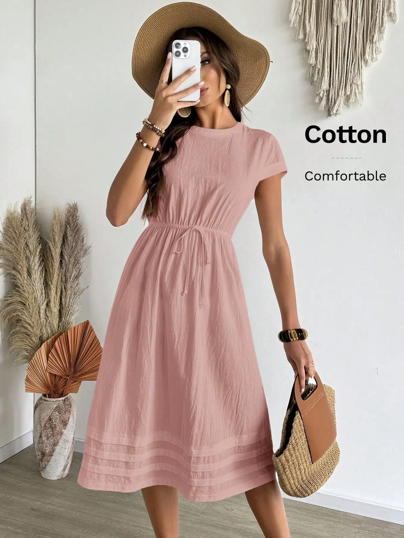 

Женское розовое хлопковое платье миди с круглым вырезом, короткими рукавами и завязками на талии