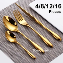 4/8/12/16Pcs Gold Cutlery Set Stainless Steel Tableware Mirror Dinner Set Sliver Knife Fork Spoon Black Kitchen Utensils