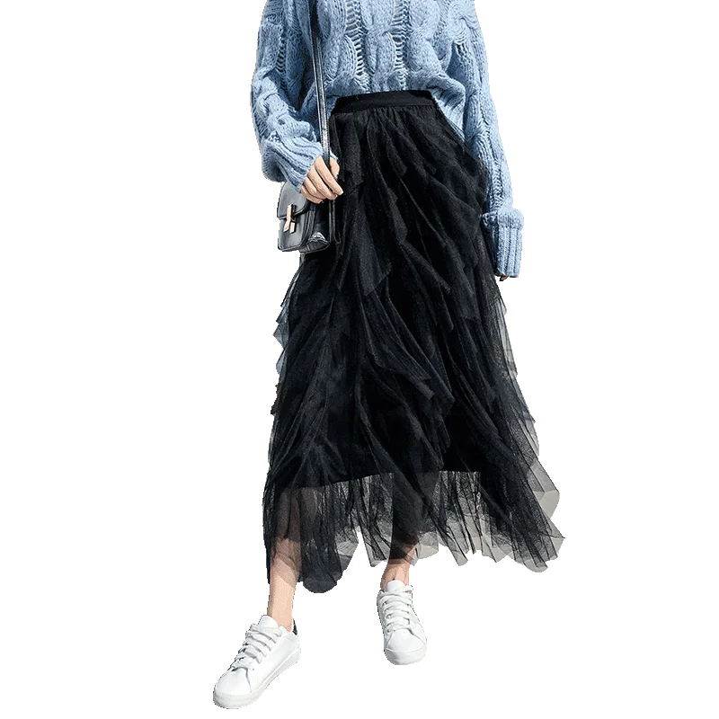 تنورات شبكية طويلة ذات مطوي من Seoulish للنساء ، خصر مرتفع ، لون ثابت ، عصري ، طويل ، لفصلي الربيع والصيف ، جديد ،