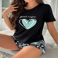 Cross Border European American Casual Simple Printed Short Sleeved Shorts Pajama Set Women's Round Neck Short Sleeved Top Shorts - Image 5