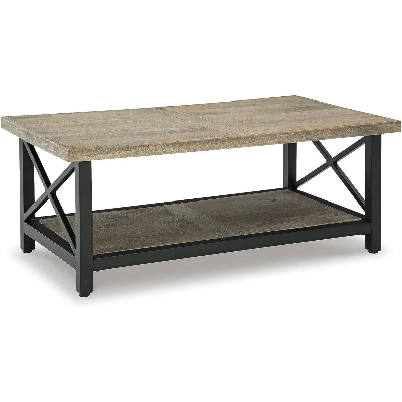 Coffee Table, Made with Mango Wood and Metal Tabletop and Open Lower Shelf Have A Light Brown Wood-tone Finish