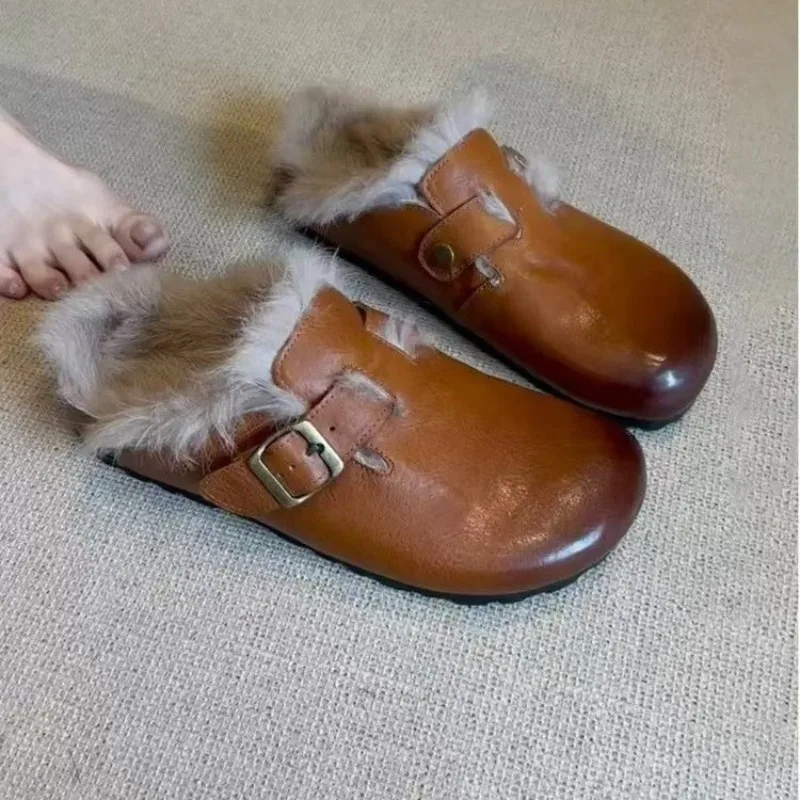 

Women Fur Flats Cotton Slippers Leather Casual Buckle Mules Shoes Trend Fad New Flip Flops Winter Home Mujer Snow Botas