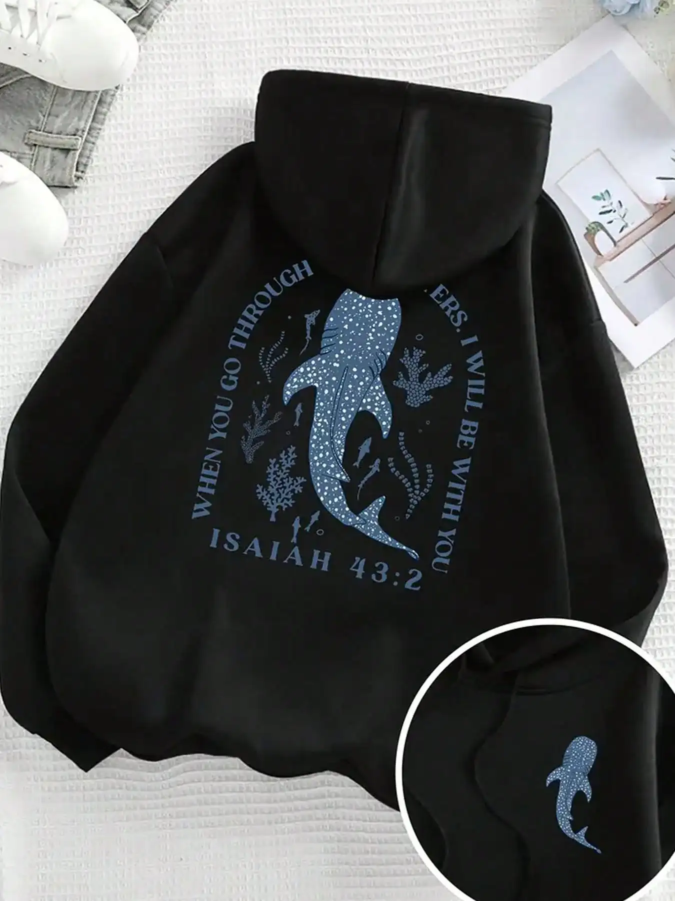 

Черная толстовка с графическим принтом кита и вдохновляющей цитатой, свободного кроя, из флиса, для осени и зимы