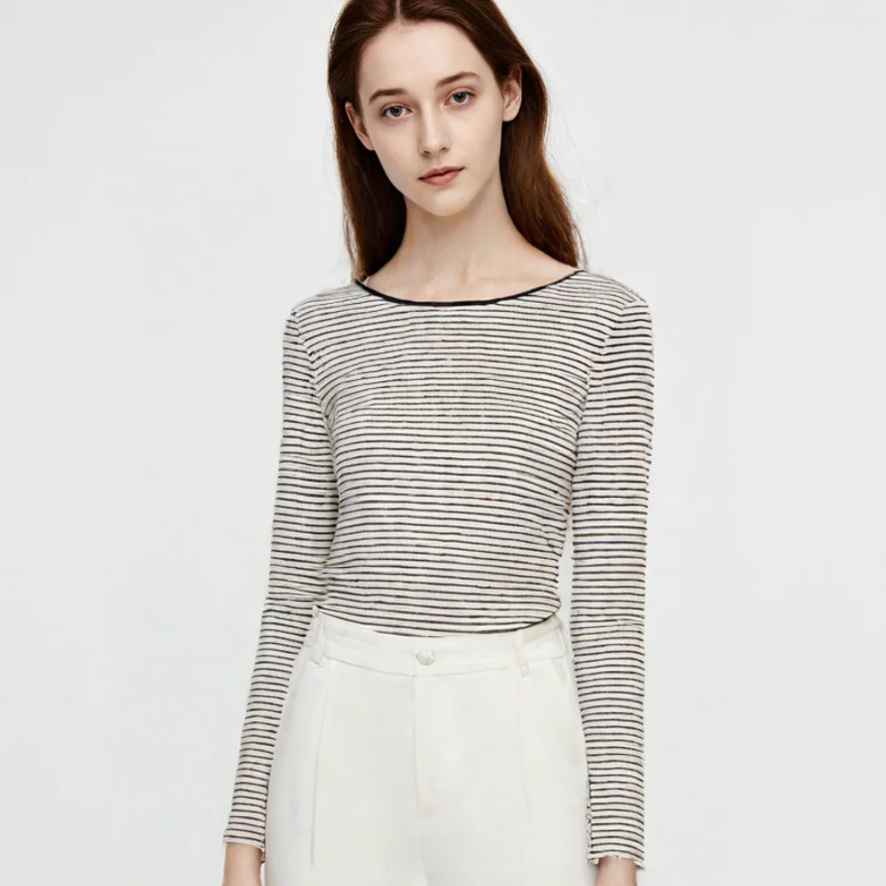 

New Taop&Za women's long-sleeved striped backless sexy top, boat neck design, simple and fashionable, slim and versatile