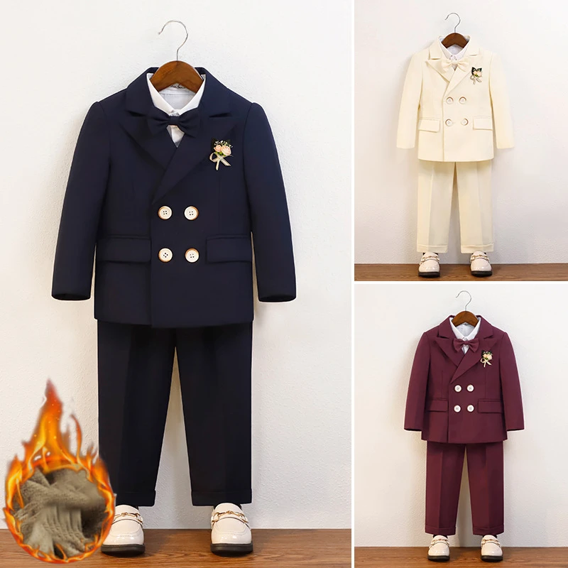 Trajes formales de invierno para niños, esmoquin grueso y cálido para boda, traje de actuación para niños de 2 a 12 años, conjunto de Blazers de cumpleaños