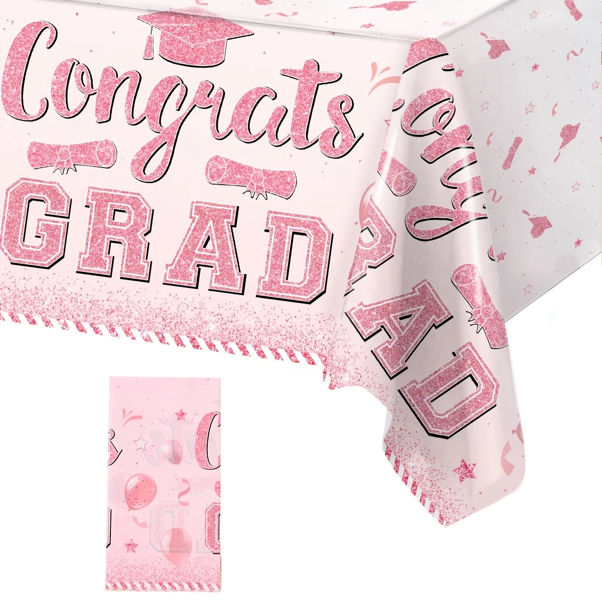 1pc Pink Table Covers with a Graduation Theme, Measuring 220 by 51.18 inch, Featuring a Rose Golden Graduation Design. This Disp