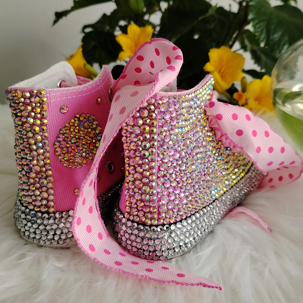 Handmade Rhinestones Bling Girls Womens Kids And Mother Candy Canvas Shoes Pearls Sneakers For Girl Birthday Party Wedding