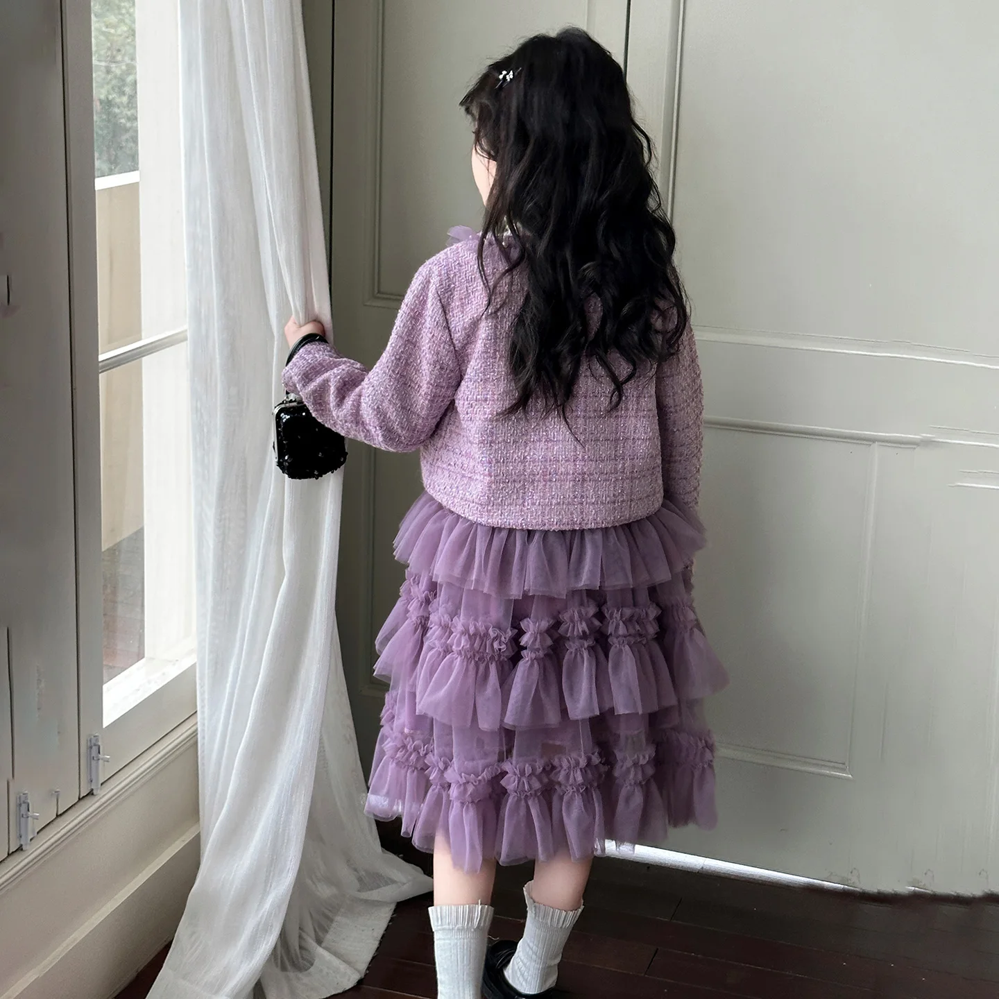 New Winter Kids Princess Tulle Dress 6-17 Years Fashion Birthday Party Outfit Girls Long Sleeve Shirt+Vest Dress+Coat 3Pcs Suits