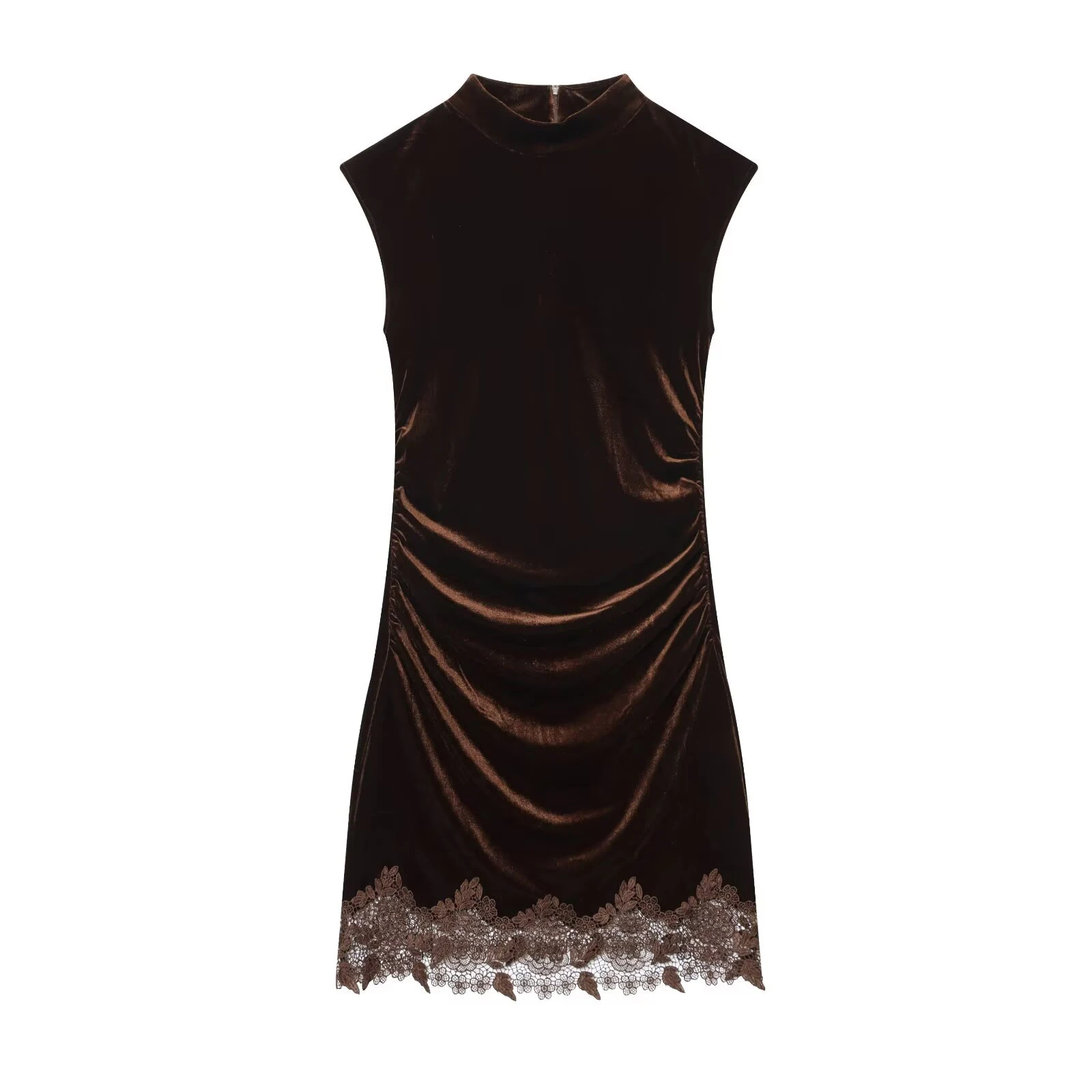 Europäisches und amerikanisches Winterkleid im neuen High-End-Stil mit kleinem Rundhalsausschnitt, schmaler Passform, ärmelloses Patchwork-Kleid aus Samt und Spitze