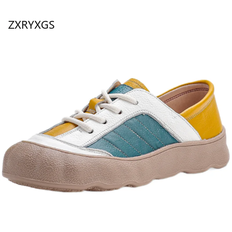 ZXRYXGS 2026 New Genuine Leather Mixed Color Sneakers Fashion Casual Shoes Flat Heel Soft Thick Sole Women Trendy Shoes Big Size