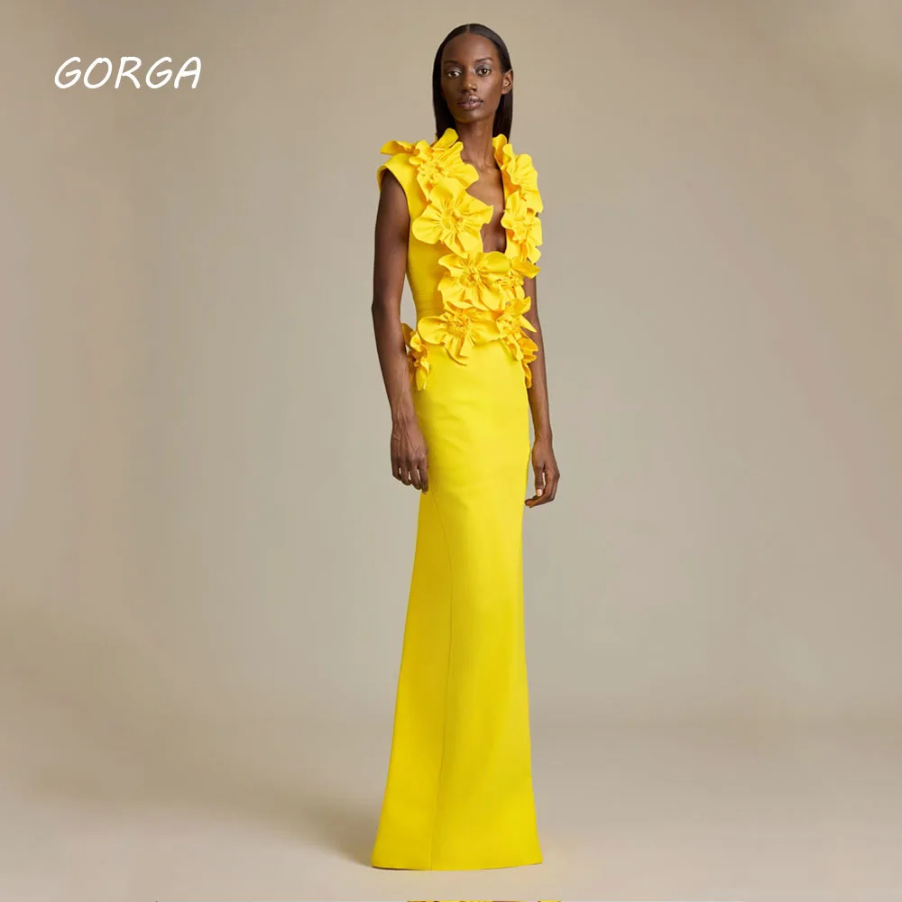 GORGA Simple Yellow Deep V-Neck 3D Flowers Crepe Mermaid Prom dress 2024 Slim Sleeveless Floor-Length Formal Evening Dress