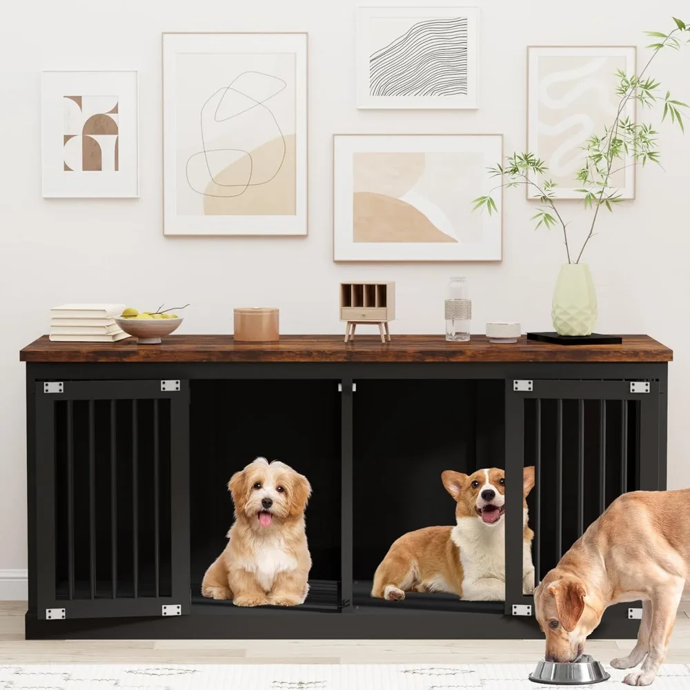 

71 inches Extra Large Dog Crate Furniture Indoor Wooden Dog Kennel Furniture Heavy Duty Dog Crates TV Stand with Removable Divid
