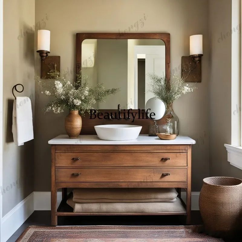 45 Bathroom Cabinet Combination Retro Floor Wash Table Oak Lacquer Rock Slate Table Ceramic Basin