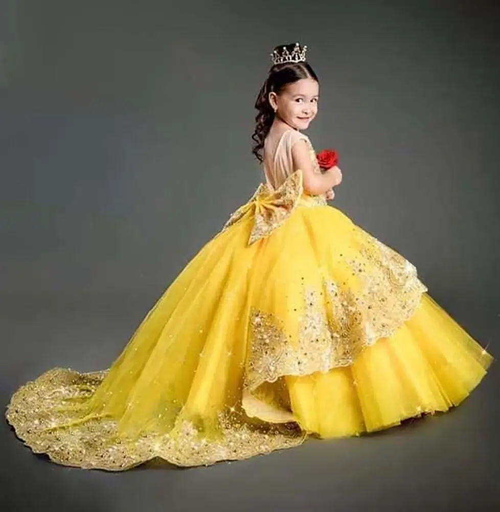 Vestidos de niña de flores para boda, apliques de lentejuelas, vestidos de desfile para niña, vestido Formal de encaje con vestido de niña Trian