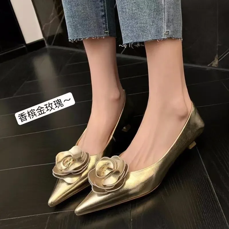 Women Shoes sandals High Heels Loafers Elegant Woman Shoes Low Heels Wedding Bride Pointed Toe Gold Rose Evening Party Shoes