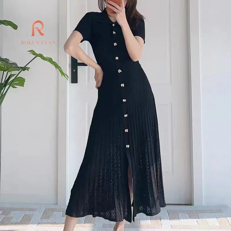 ROKEN EVAN 2024 Long skirt polo collar pullover long temperament dress hollow knit long skirt sweater dress