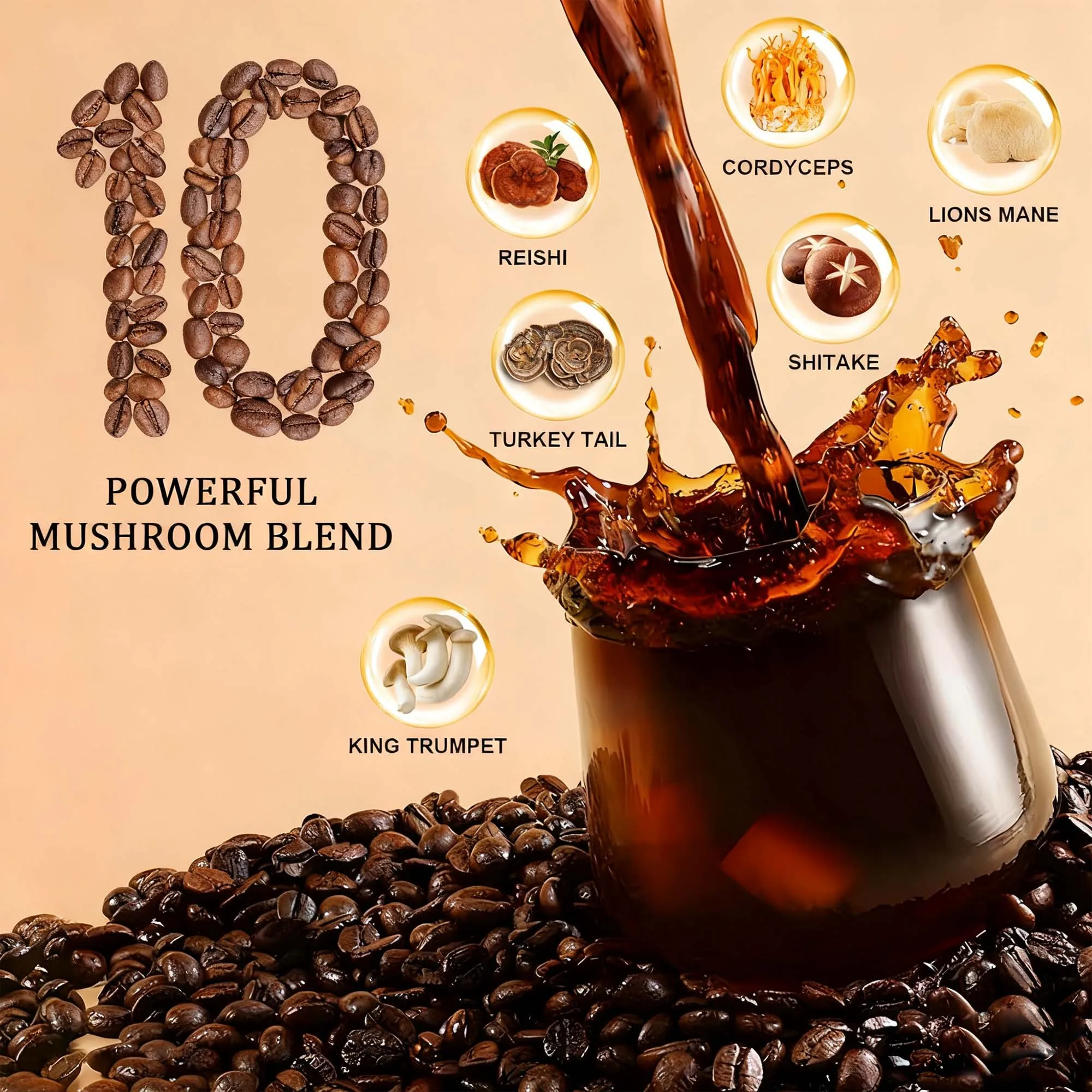 Café champignon avec 10 champignons adaptogènes et huile MCT, café instantané cultivé aux États-Unis, avec queue de dinde, Shiitake, crinière du Lion