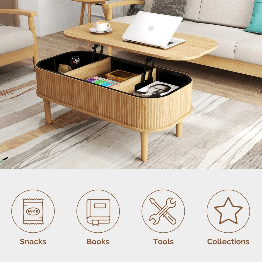طاولة قهوة قابلة للرفع مع مساحة تخزين مخفية، طاولة قهوة بيضاوية مع سطح رفع، تصميم حديث لمنتصف القرن لغرفة المعيشة، #6