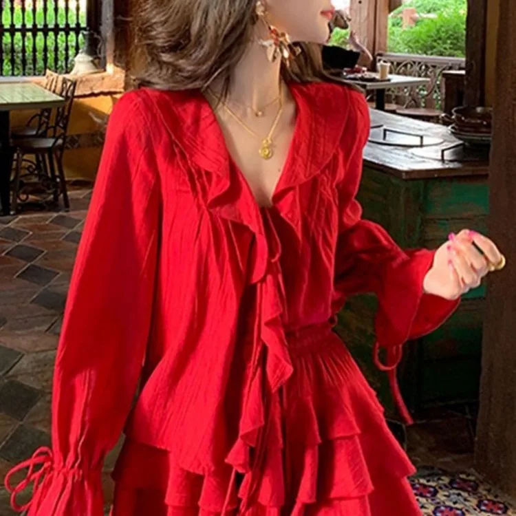 Elegant V-neck Ruffles Long Sleeve Tops Women+ Y2k E-Girl High Waist Ruched A-line Skirts Spring New Red Two Piece Sets