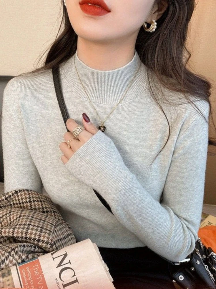 

Gray Fashionable Knitted Slim Fit Long Sleeve Half High Collar Base Shirt Women's Inner Wear Spring New Style Premium Knit Top