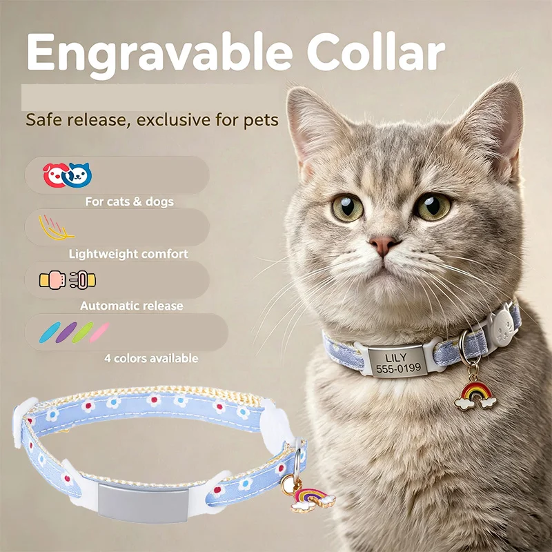 Personalized Cat Collar Custom Engraved ID Tag Safety Breakaway Buckle Daisy Print Rainbow Charm Adjustable for Cats Small Dogs