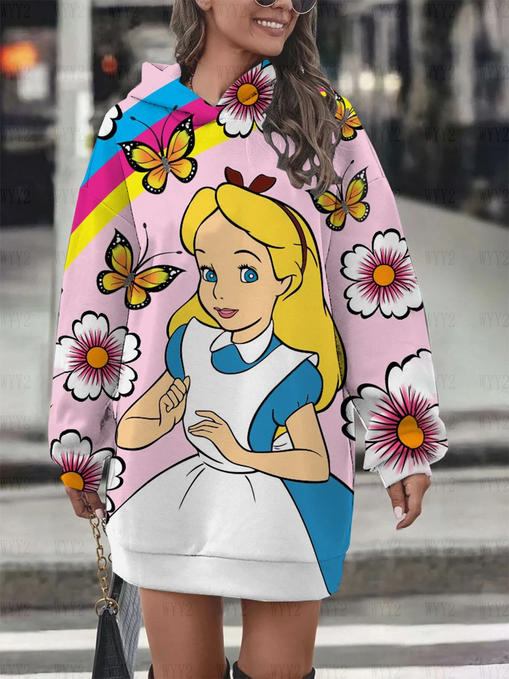 Autumn and Winter Hot Sale Long Sleeve Hoodies Disney Alice Print Women's Loose Long Sleeve Fashion Loose Sweater Dress