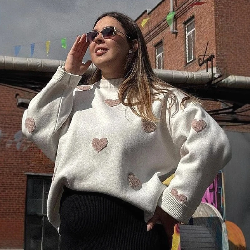

Pullovers Women Sweaters Embroidery Round Neck Full Sleeve Jumpers Y2k Streetwear Elegant Knit Casual Thick Autumn Winter