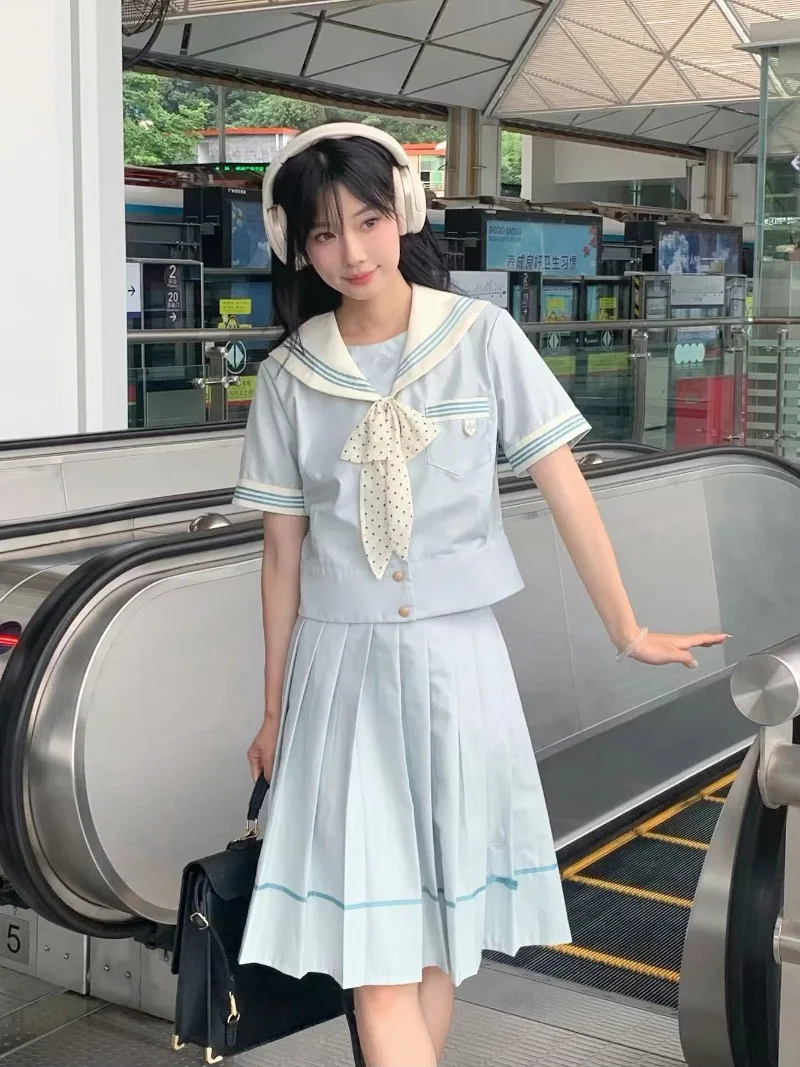 

Gothiscyn Japanese JK Set Women's Summer Sailor Collar Short-sleeved Shirt High Waisted A-line Pleated Skirt Two-piece Set