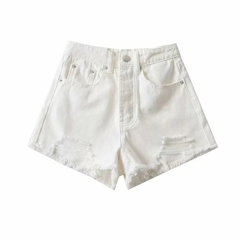 High Waist Tassel Frayed Distressed Denim Shorts Women's Fashion Summer  Slimming Effect Straight Leg Short Pants