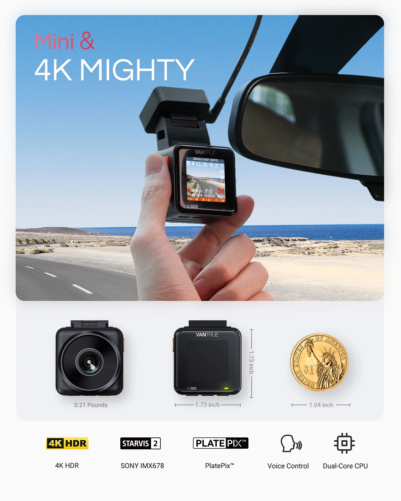 Vantrue E1 Pro 4K Mini DashCam Front STARVIS 2 PlatePix™ HDR Night Vision Car Camera Built-in 5G WiFi GPS Support 1TB Max