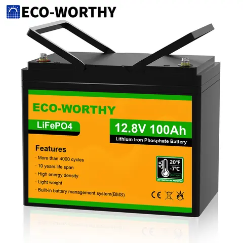 Bateria ECO-WORTHY 12V 100Ah LiFePO4, BMS integrado, mais de 3.000 ciclos profundos, para RV, Marine, So