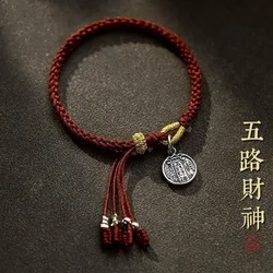 2024 nuovo S925 argento Sterling a cinque vie dio della ricchezza corda rossa tibetana buon braccialetto fortunato per donne e uomini corda intrecciata a mano