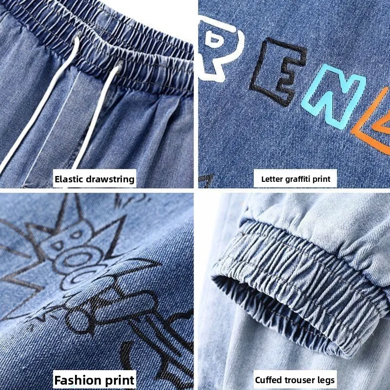 Men's Cuffed Jeans 2024 Korean Streetwear, Graffiti Ombre Baggy Pants Hip Hop Style, Spring Fall Tapered Joggers for Students