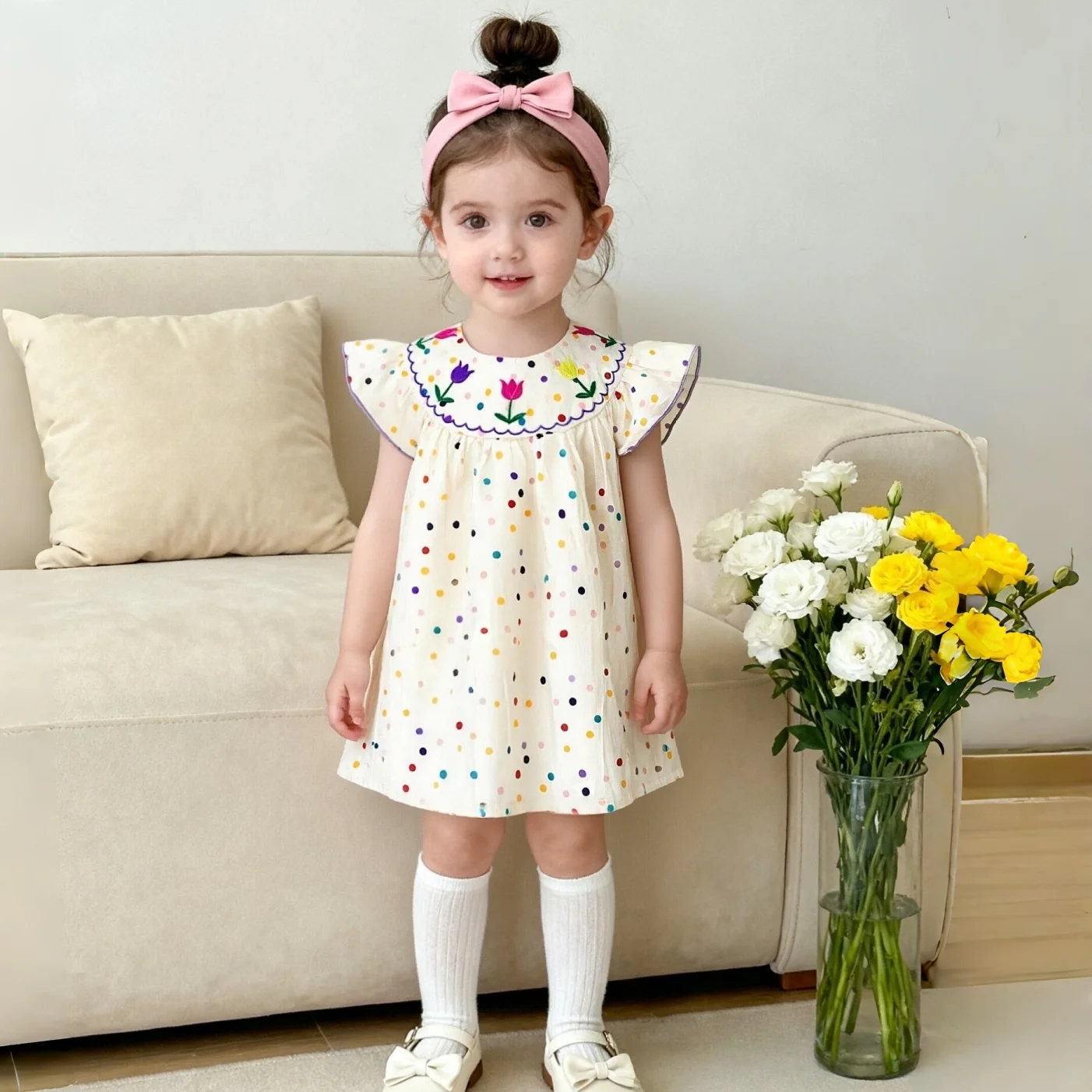 فستان بناتي صيفي جديد بنقاط حلوة وملونة للنزهات اليومية غير الرسمية، للفتيات الصغيرات من عمر 9 أشهر إلى 3 سنوات