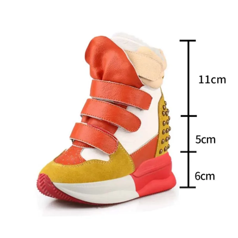 fashion women comfortable Genuine Leather platform wedges high top casual shoes elevator vintage rivets Patchwork woman Sneakers