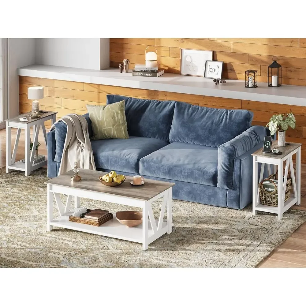2-Piece Living Room End Table Set with Charging Station and Open Storage Shelf, Slim Design in Greige