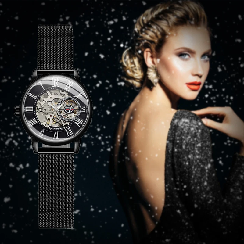 2024 Fashion Forsining Top Brand Ladies Watches For Women Skeleton Mechanical Watch Mesh Mesh Strainless Steel Female Gift Clock