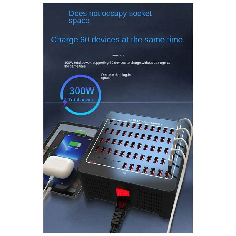 DT21 300W 60-Port USB Charging Station Multi-Port Hub for Phone Camera US Plug