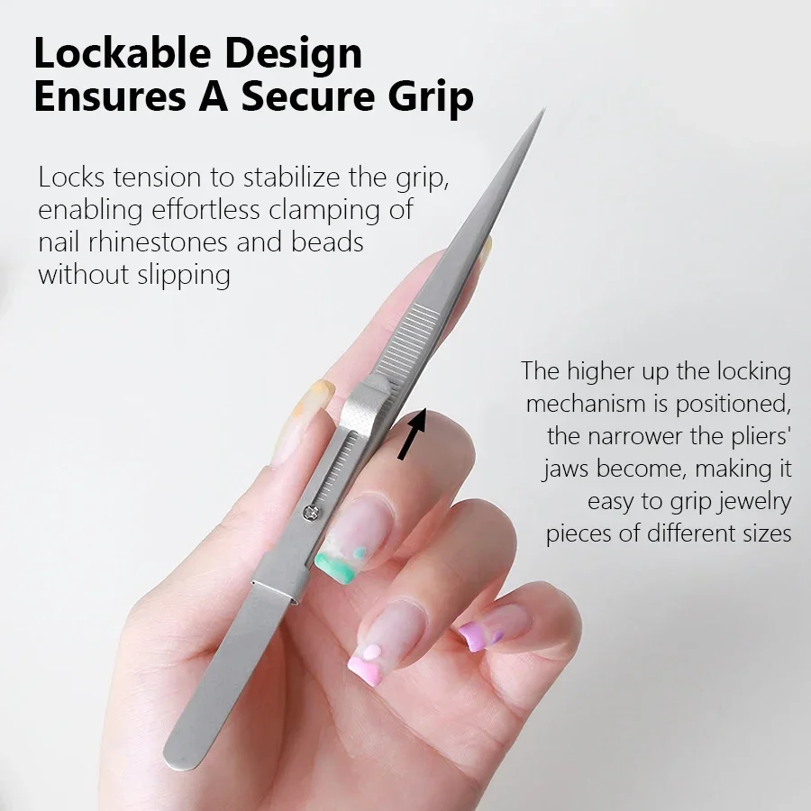 Anti-Slip Lock Nail Art Tweezers Fine Tip Density Rhinestones Gem Beads Pickup Tool for Acrylic Nails Jewelry Application