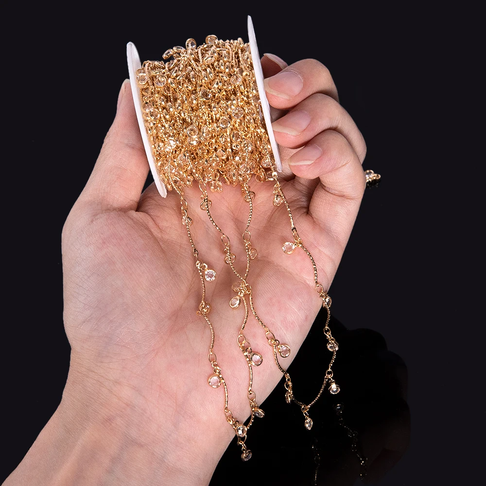 1M Clear Crystal Round Beaded Chains Non-slip Slender Curved Rollers Copper Chain for DIY Necklace Bracelet Cloth Jewelry Making