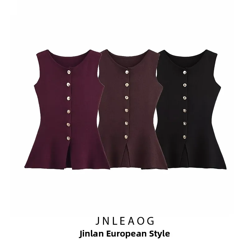 JNLEAOG automne nouveau femmes Faion Design t-shirt couleur or bouton plat aiguille gilet Ele Sle sans marque fibre de Polyester