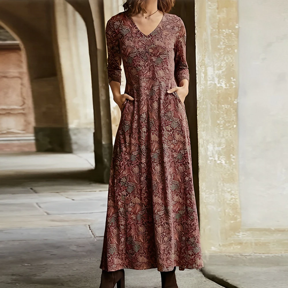 

Vestido Long Dress for Women Elegant Luxury Long Sleeve Casual V-Neck Beach Bohemian Party Dress Robe For Female Clothing Y2k