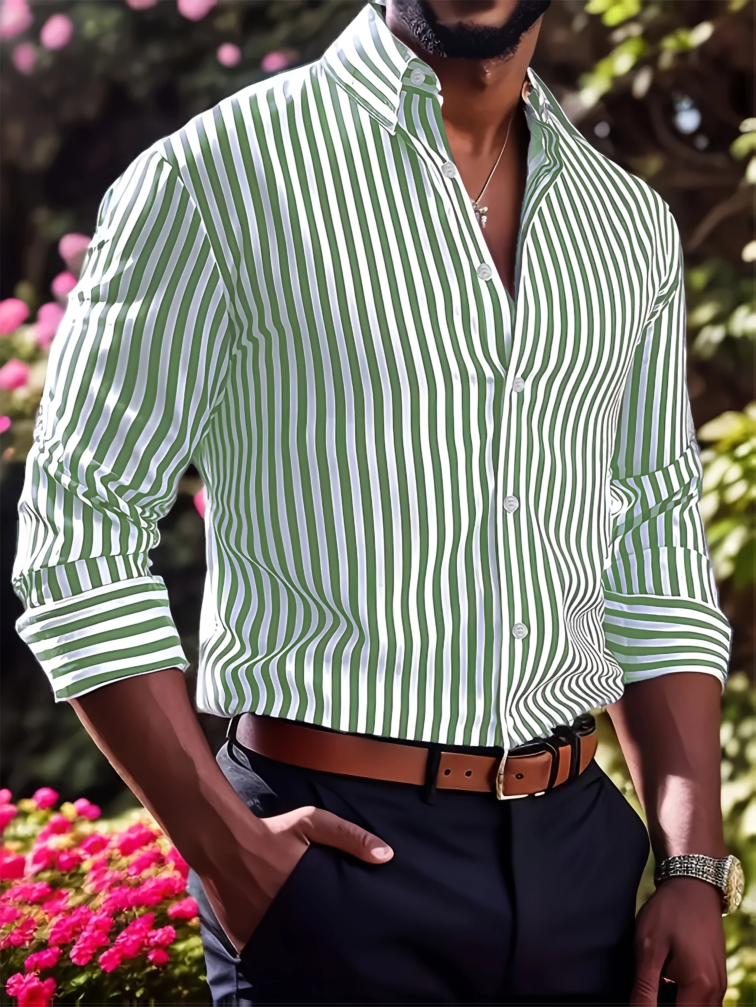 

Men's Striped Button-Up Shirt, Wrinkle-Resistant Slim Fit Long Sleeve Dress Shirt for Business & Casual