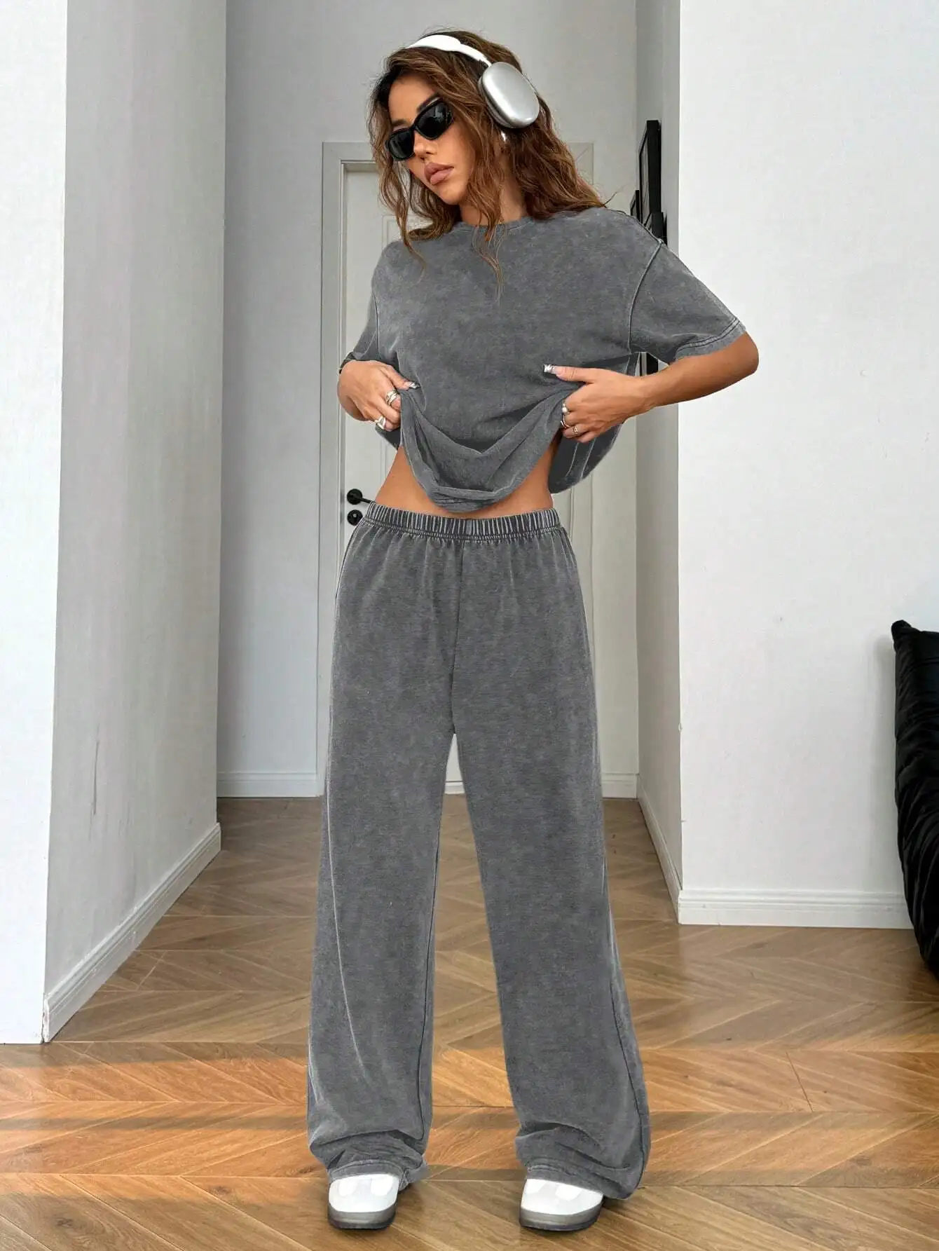 

Casual Round Neck Short Sleeve Distressed Washed Relaxed Fit Two Piece Set