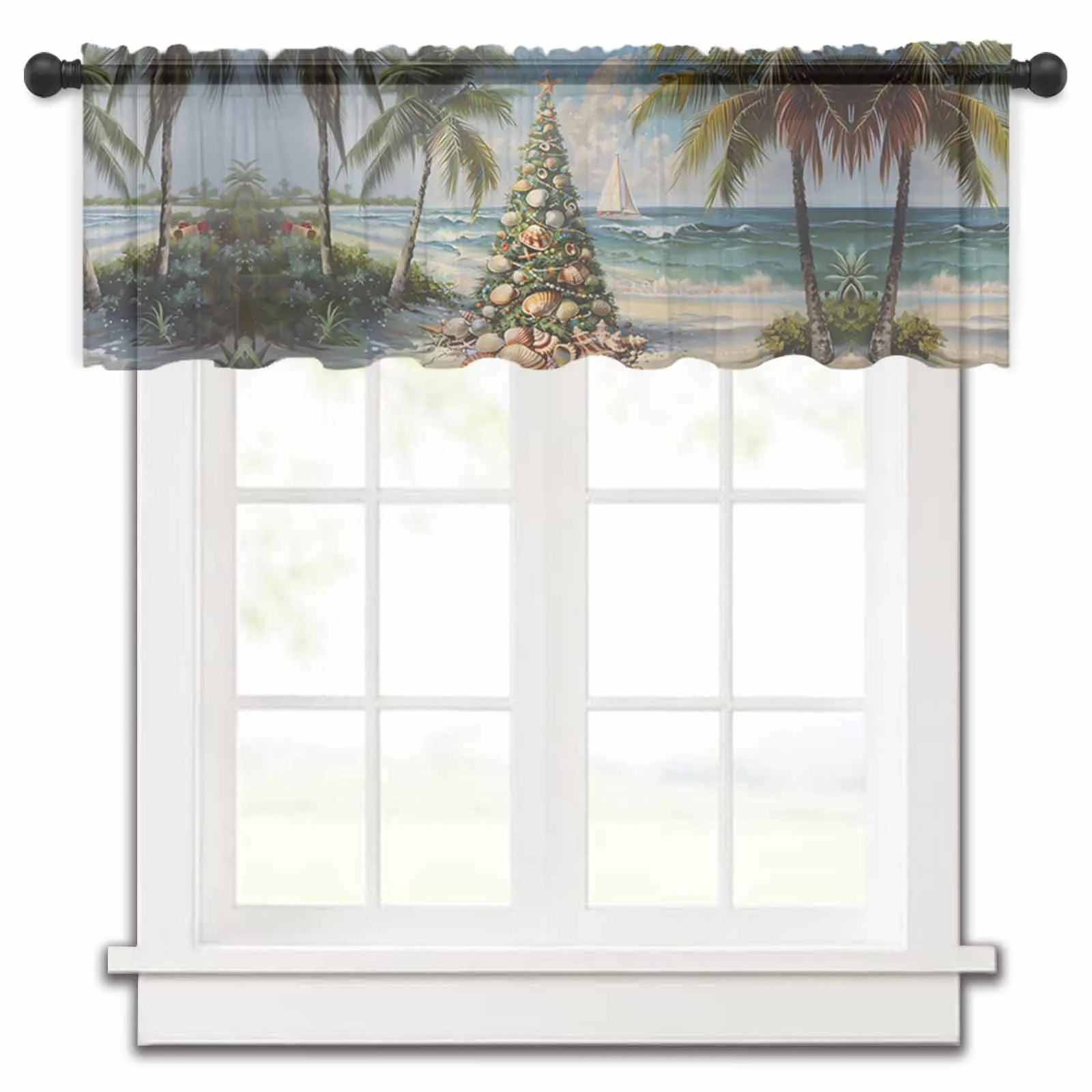 Christmas Beach Christmas Tree Shell Sailing Palm Tree Kitchen Small Window Curtain Tulle Sheer Curtain Living Room Voile Drapes