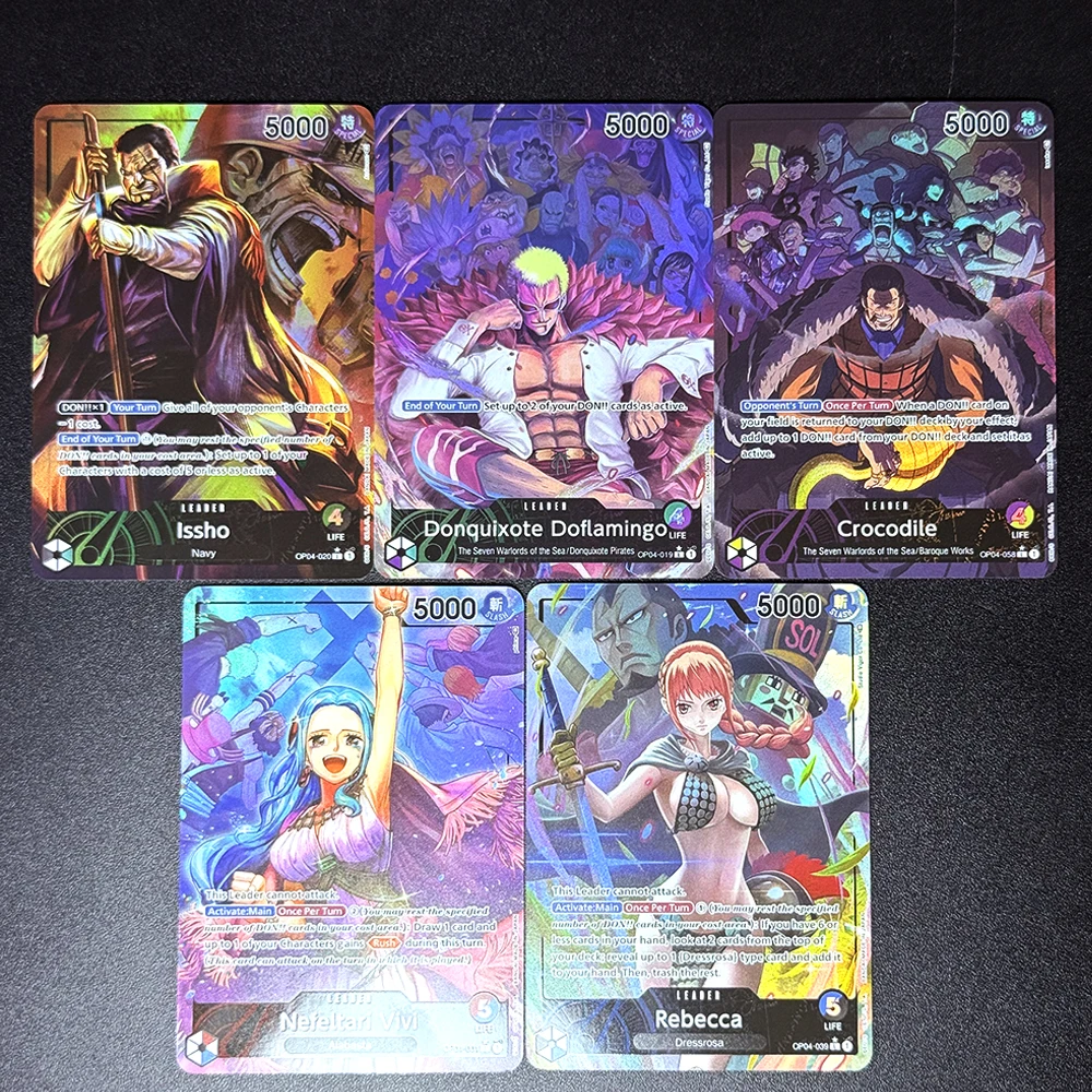 One Piece English OPCG OP04 Leader Foil Texture Proxy Game Cards Crocodile Donquixote Doflamingo  Issho Nefeltari Vivi Rebecca view 2