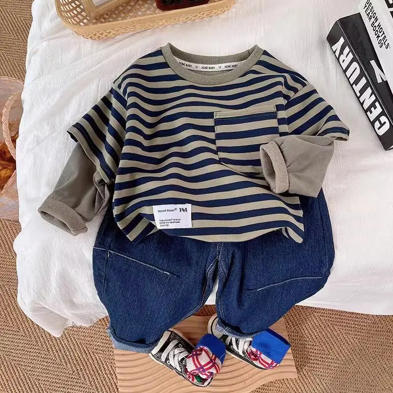 

80-120cm Baby Boys' Autumn Set New Children's Korean Splicing Striped Hoodie+Jeans 2-piece Set Spring and Autumn